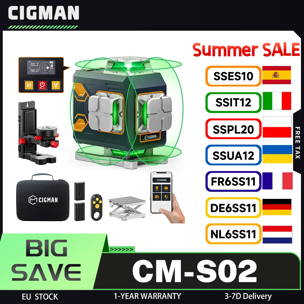 CIGMAN CM-S02 4x360 ° Livella Laser a 16 Linee, 40H di Autonomia Ultra Lunga, Controllo tramite APP, Schermo LCD, Applicazioni di Installazione Versatili