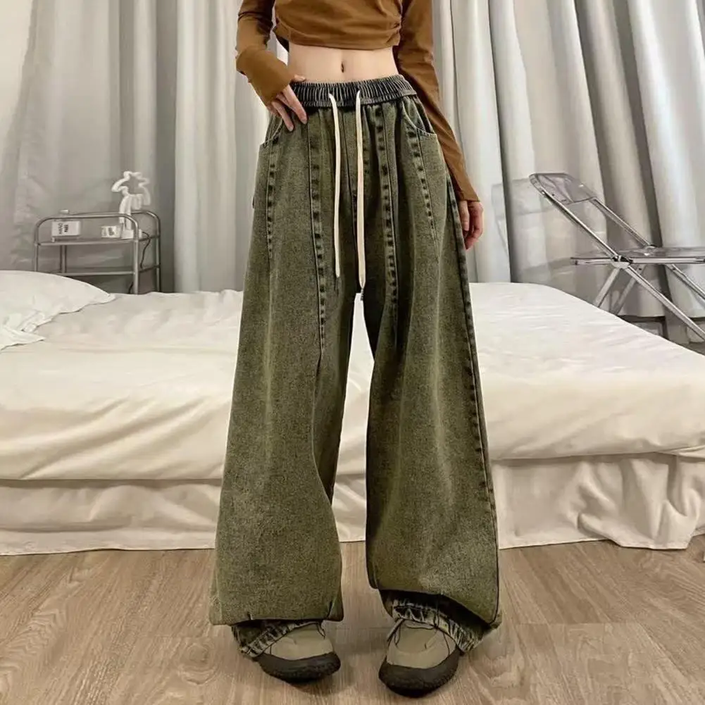 Loose Jeans Vintage Wide Leg Denim Jeans with Elastic Waist Deep Crotch Pockets Women's Streetwear Fashion for Hip Hop for A