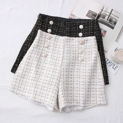 ITOOLIN Donna Vintage Tweed Shorts Casual Plaid Button Office Slim A-line Shorts Autunno Donna Vita alta Pantaloncini a gamba larga 2024