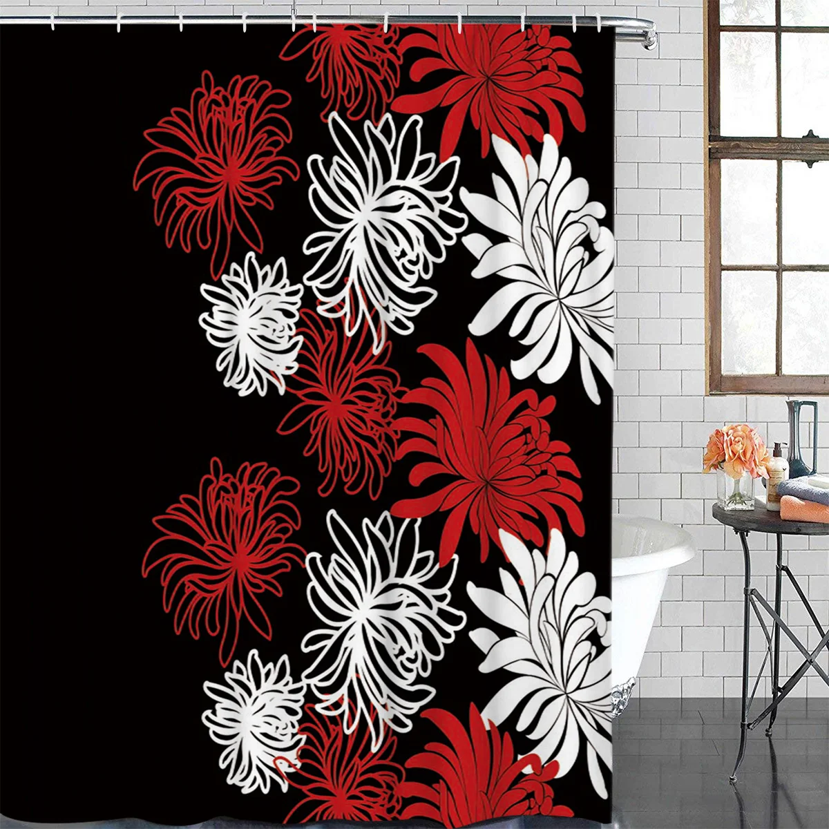 White Red Flower Chrysanthemum Black Waterproof Shower Curtain Polyester Printed Bath Curtains Bathroom Decorations Accessories