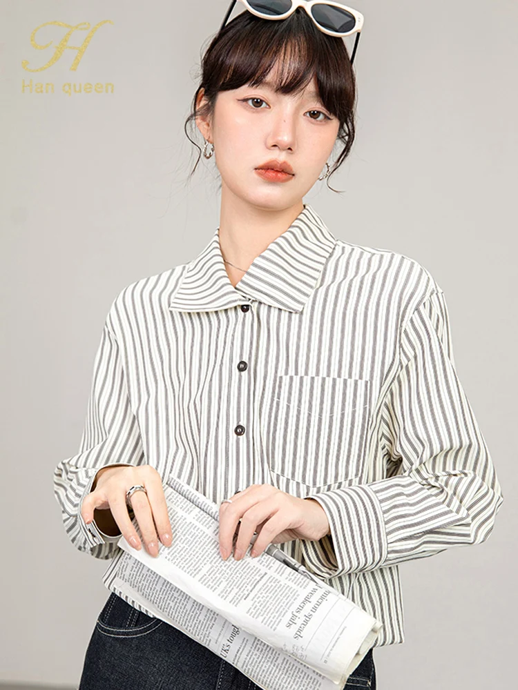 

H Han Queen Autumn Korean Loose Casual Vintage Women's Shirts Office Work Long Sleeve Tops Stripe Basics Simple Elegant Blouses