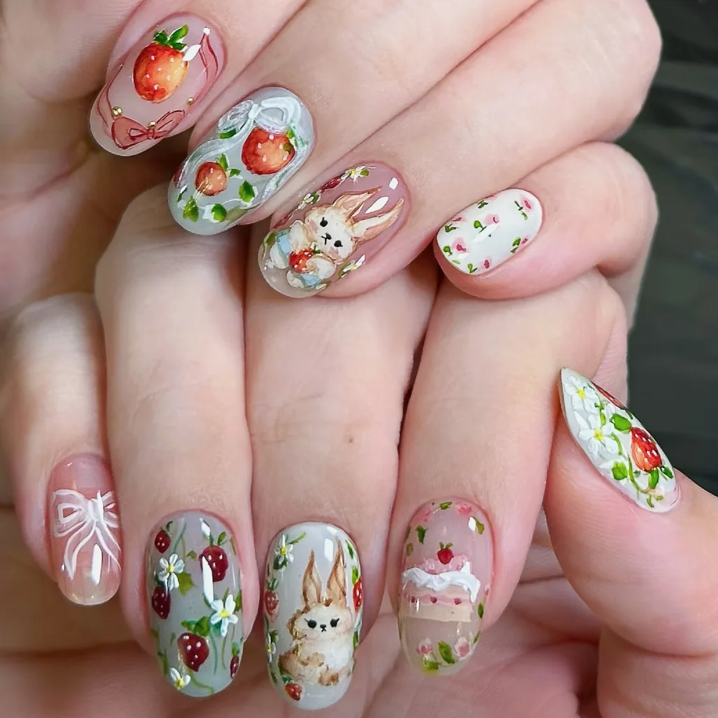 

24pcs Strawberry Rabbit Cake Fake Nails Rococo Soft and Chewy Press on Nail Short Almond Full Coverage Nail Tips for Women&Girl