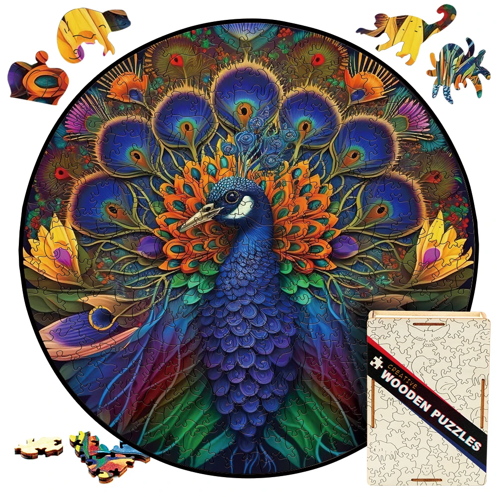 Mandala Peacock Wooden Jigsaw Puzzle para adultos e crianças, Wooden Puzzles Toys, Round Shape, Animal Party Games