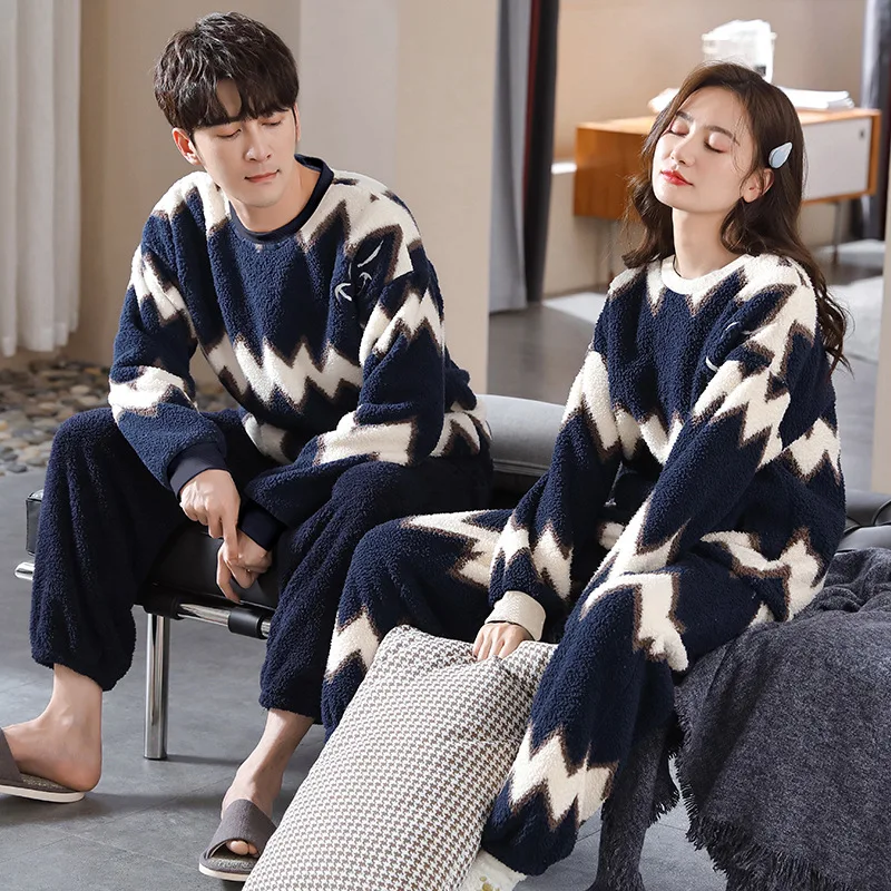 

Autunm Winter New Male Flannel Homewear Lady Cartoon Loose Casual Sleepwear Couple Long Sleeve Coral Velvet Pajamas Nightwea