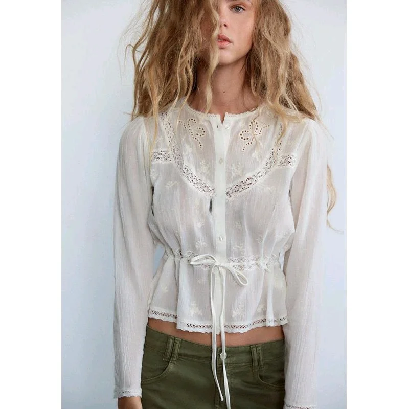 

Spring New Sweet Sle Women's Loose round Ne Hollow out Waist Cinched Embroidered Lace irt Commute Sle Slim Fit Long S...