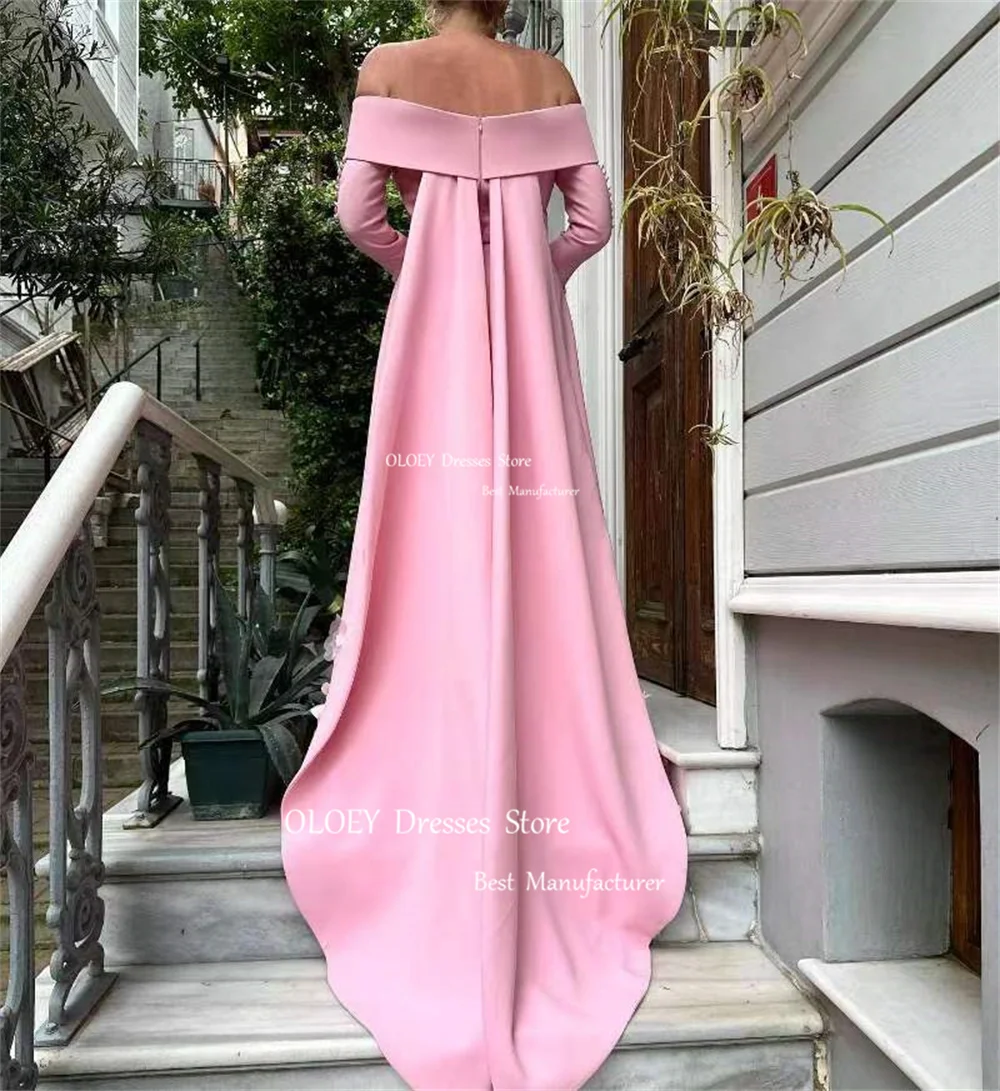 OLOEY Elegant Pink Straight Evening Dress Off Shoulder 3d Flowers Prom Gown Floor Length Button Long Sleeves Arabic Modeat Zip