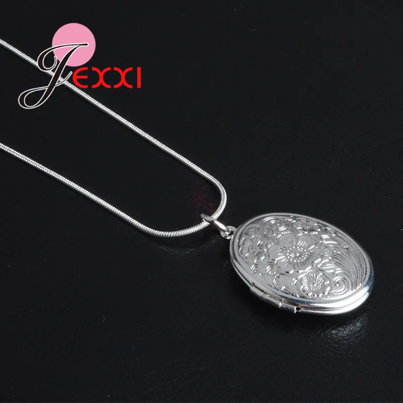 Elegant Retro 925 Sterling Silver Necklace Round Open Locket Pendant Necklaces Photo Women Collar Jewelry