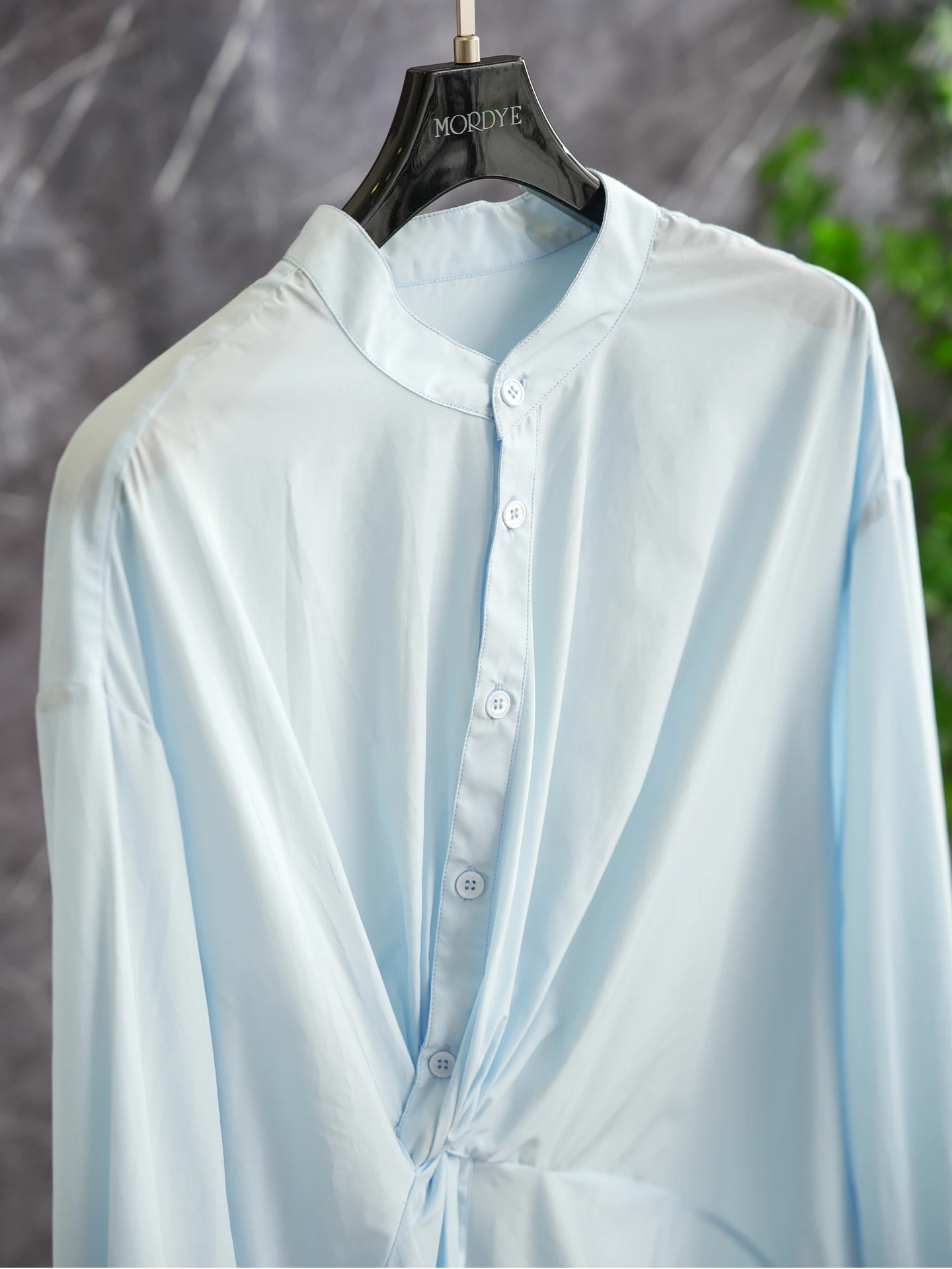 

Silk Cotton Deconstructed Hem Knot Design Light Blue Stand Collar Shirt Top Women's Fashion Commute Style Long Sleeve Breathable