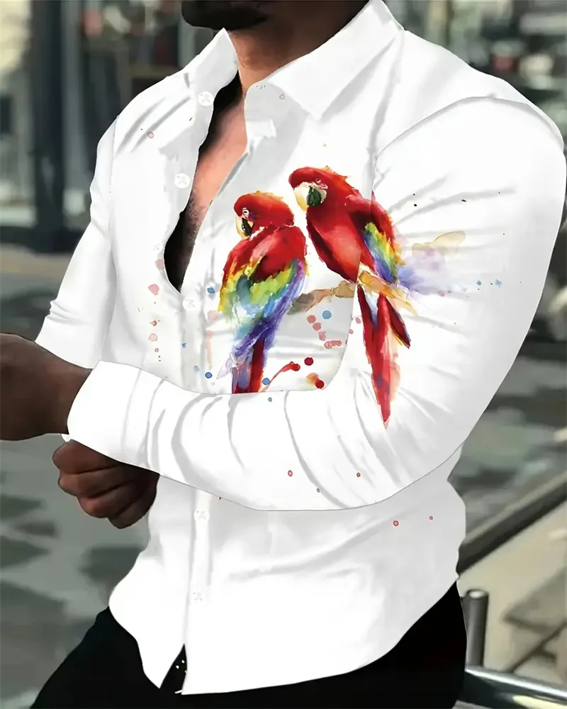 Anime Parrot 3D Print Men\'s Holiday Long Sleeve Lapel Button-Down Shirt, Spring and Autumn 2024 Large Size S-6XL Soft Fabric