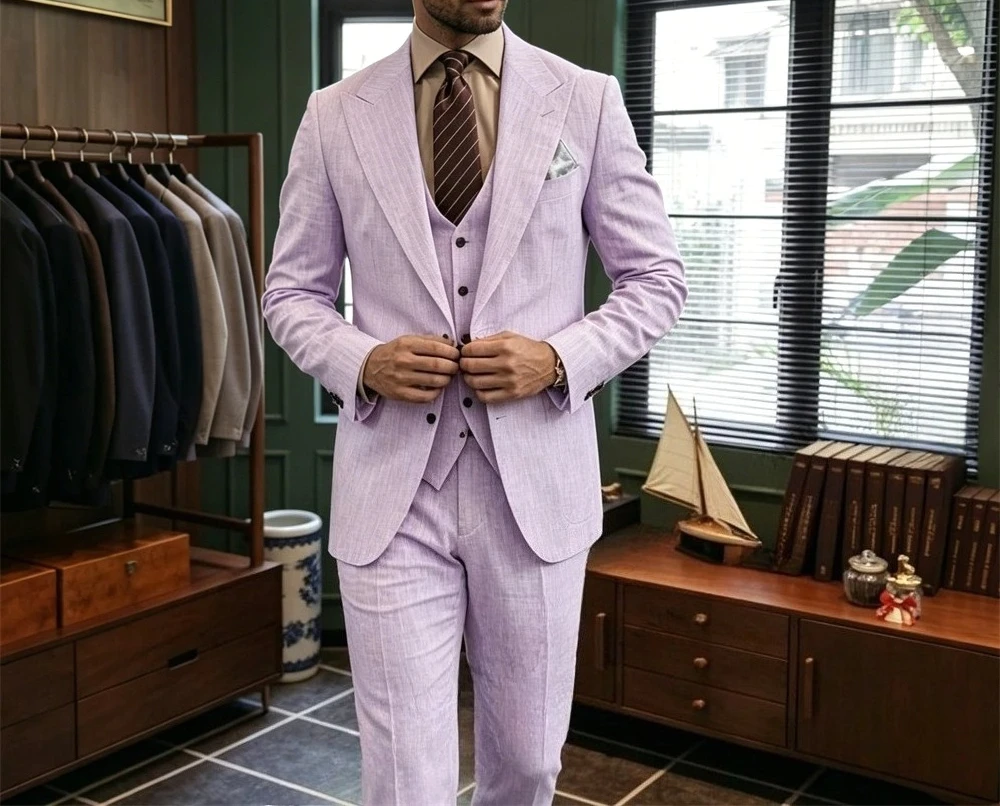 Summer Breathable Linen Suit Set for Men, Three Piece Formal Beach Suit Set Jacket Vest Pants Customized Size Colors