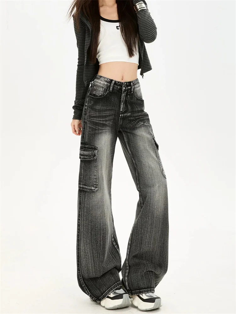 Black Gray Textured Flare Cargo Jeans for Women Autumn Sweetheart New Loose Non Stick Bell Bottoms view 3