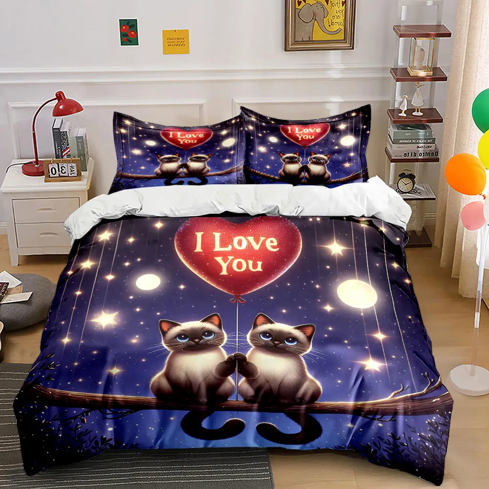 Romantic night cats with balloon Print Soft Comfortable Duvet Cover Bedding Set Included 1*Duvet Cover 2*Pillowcases