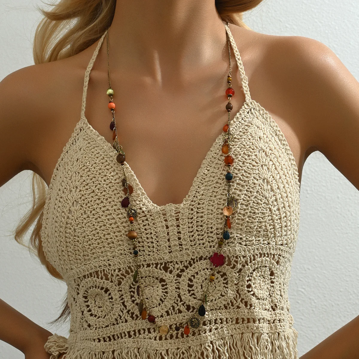 

Ethnic Style Vintage Round Bead Tree Leaf Tassel Long Necklace Ladies Bohemian Niche Holiday Trendy Jewelry Accessories Gift
