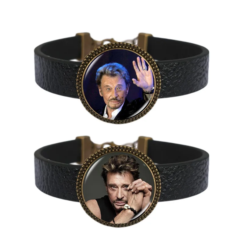 New Style Johnny Hallyday Bracelet for Men Fans Souvenir Fashion Music Singer Glass Photo Charm Leather Bracelets Jewelry Gift