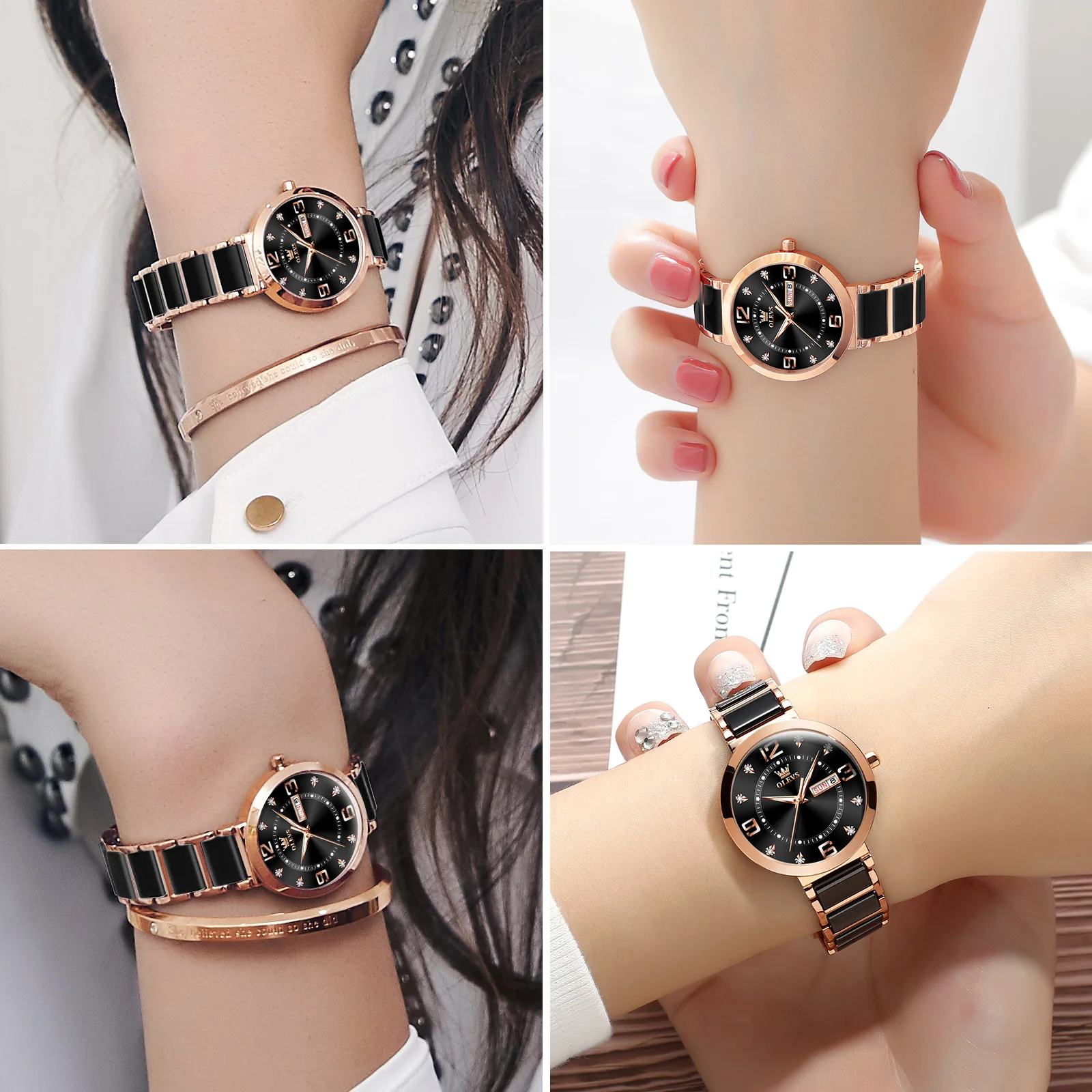 OLEVS Top Brand Ceramics Watchstrap Quartz Women Watches Luxury Fashion Diamonds Elegant Waterproof Clock Date Week Reloj Mujer