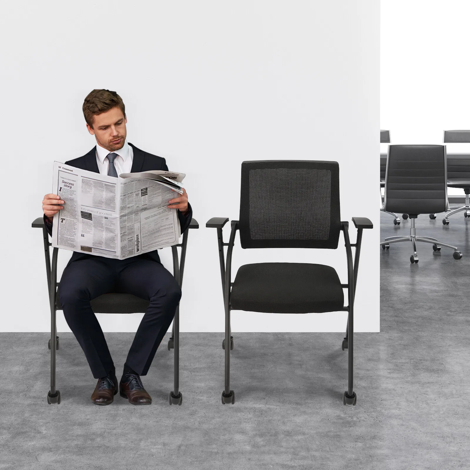 2PCS Steel Pipe Black Office Conference Reception Chairs Guest Chair Mesh Back Waiting Room Seat  Freestanding