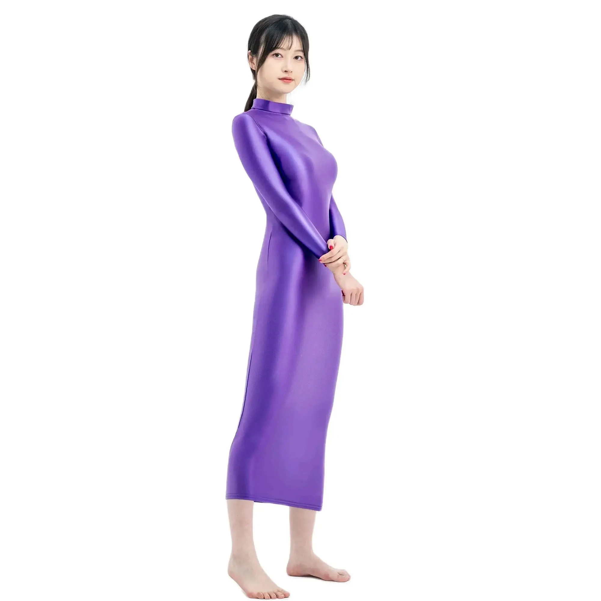 XCKNY satin oil glossy dress high neck long sleeve skirt silk longuette elastic silk tight skirt sports skirt sexy tight dress