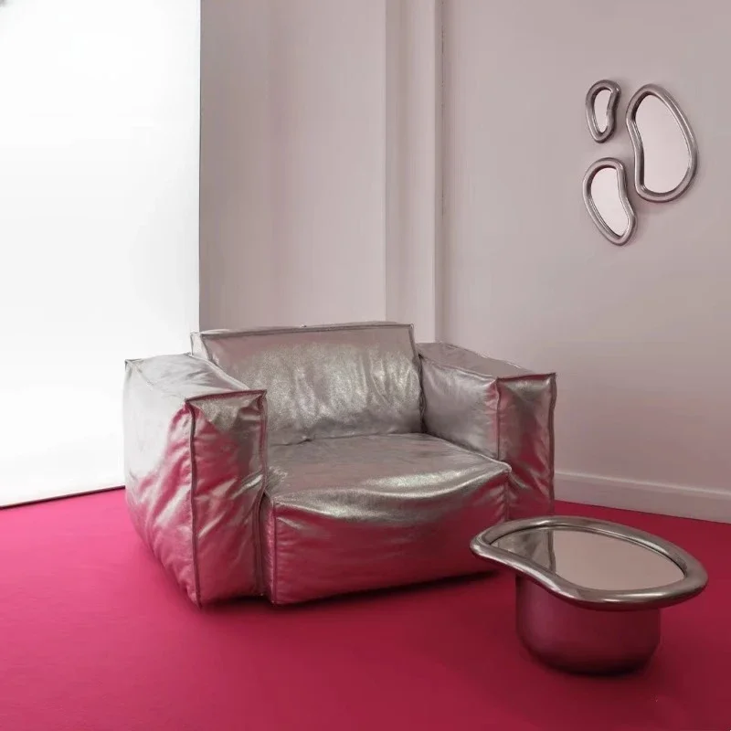 Italian minimalist designer futuristic punk studio silver leather tofu block modern Internet celebrity single sofa