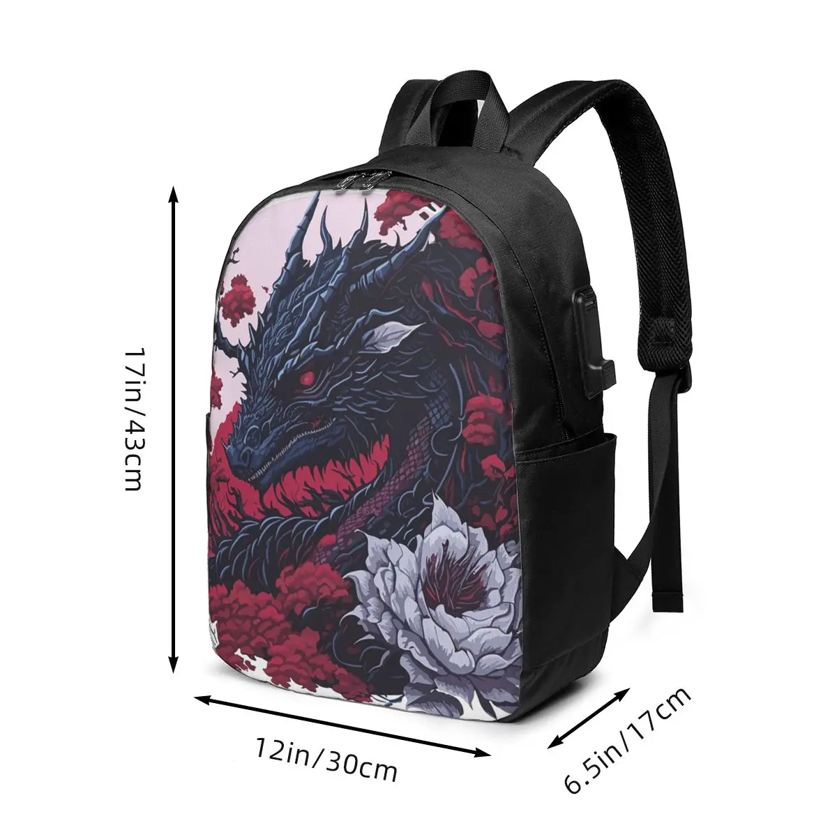 Majestic Black Fierce Dragon Among Roses Backpack Travel Notebook Bag Computer College Student School Bag Laptop Shoulder Bags