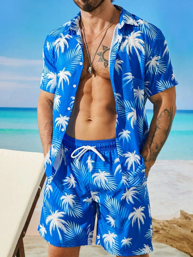 Camisa havaiana masculina de manga curta e shorts de praia, camisa casual masculina de férias de verão, confortável e respirável, curta