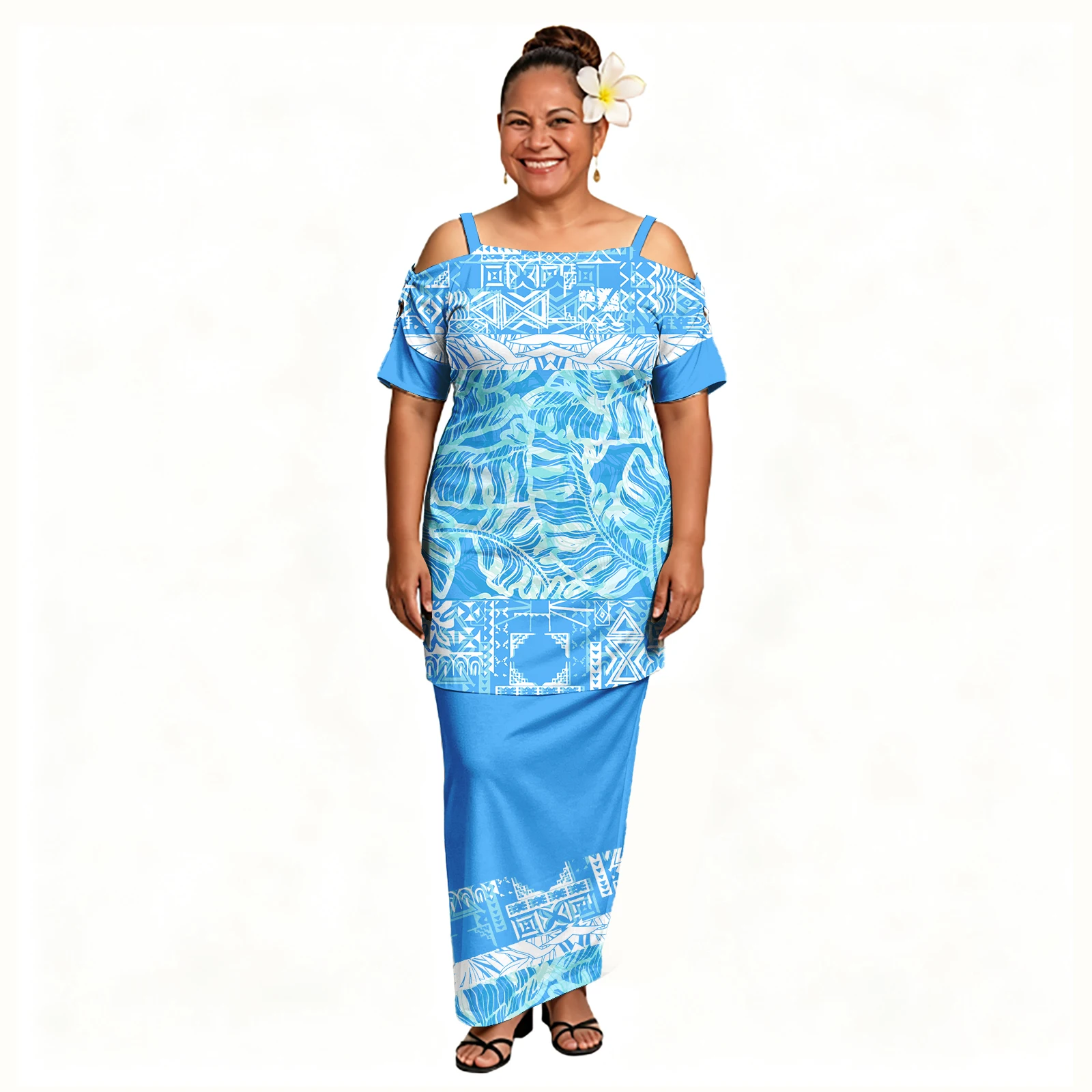 Polynesian Tropical Pattern Ladies Cold Shoulder Puletasi Plus Size Custom Tribal Style Hollow Sleeve Women Samoan Puletasi Set