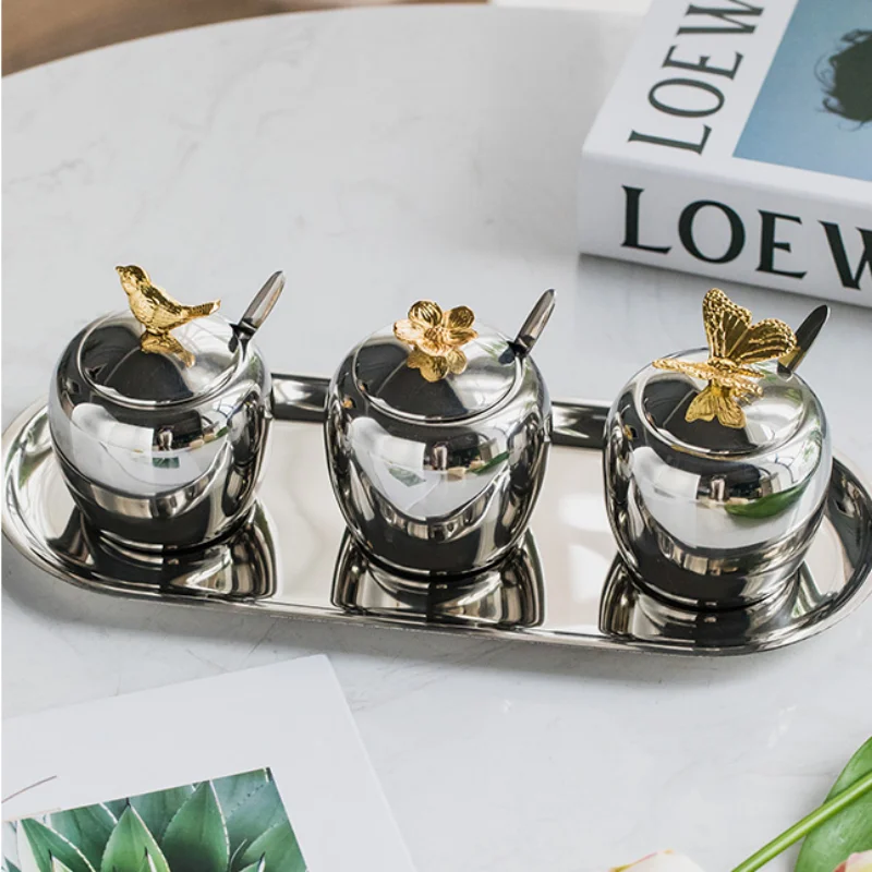 Stainless Steel Seasoning Jar Set Spice 3 Piece Kitchen Supplies Container Condiment Box Salt Shaker