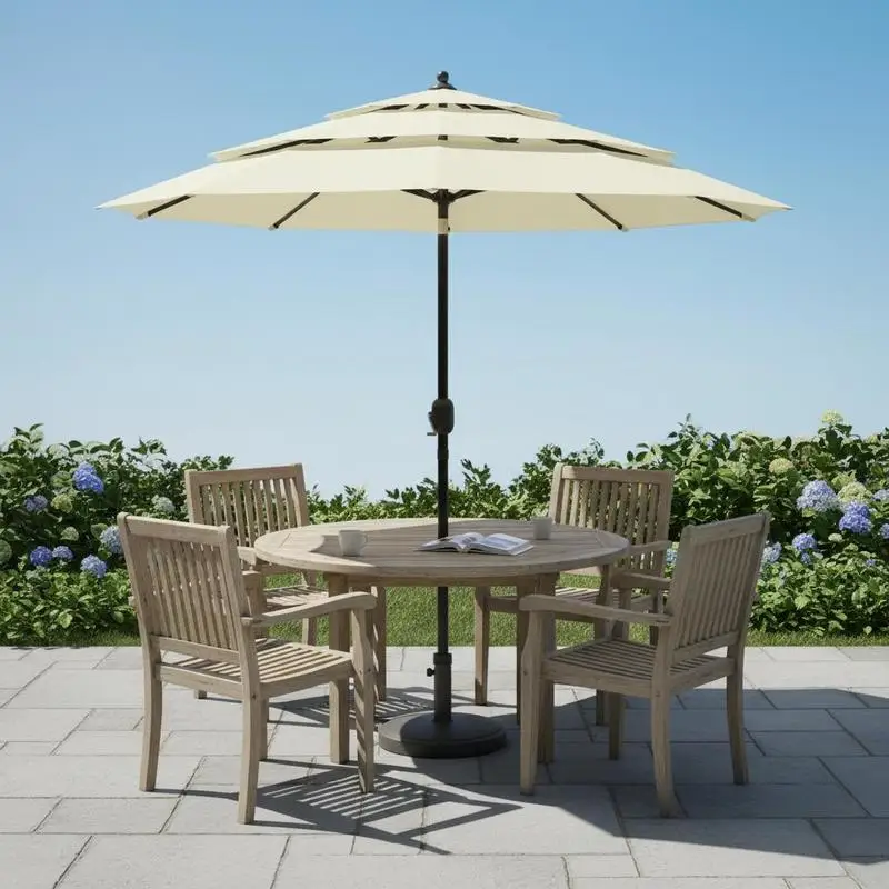 Parasol de jardin 2,5 m à trois niveaux avec mât en aluminium, tissu polyester beige, inclinable, commande par manivelle, stable, résistant aux intempéries, pour terrasse, balcon, jardin, extérieur, montage facile, peu encombrant