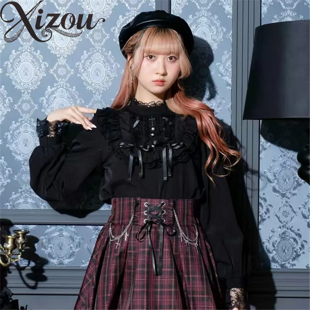 봄 여름 솔리드 블랙 셔츠 일본식 숙녀 블라우스 달콤하고 귀여운 고딕 어깨 스트랩 레이스 긴 소매 탑 여성