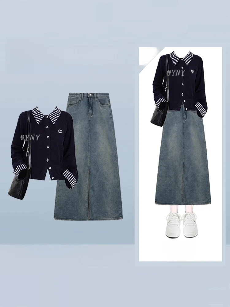

Korean Sle k Blue Knitted Sweater And Denim Skirt Set Autumn Winter Plaid Splicing Long Sve Split Casual Faion...