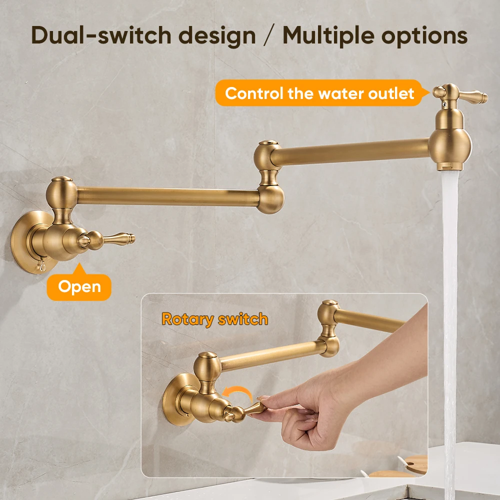 Pot Filler Double Joint Spout Folding Stretchable Swing Arm Wall Black Kitchen Faucet Single Hole Two Handle Kitchen Sink Faucet