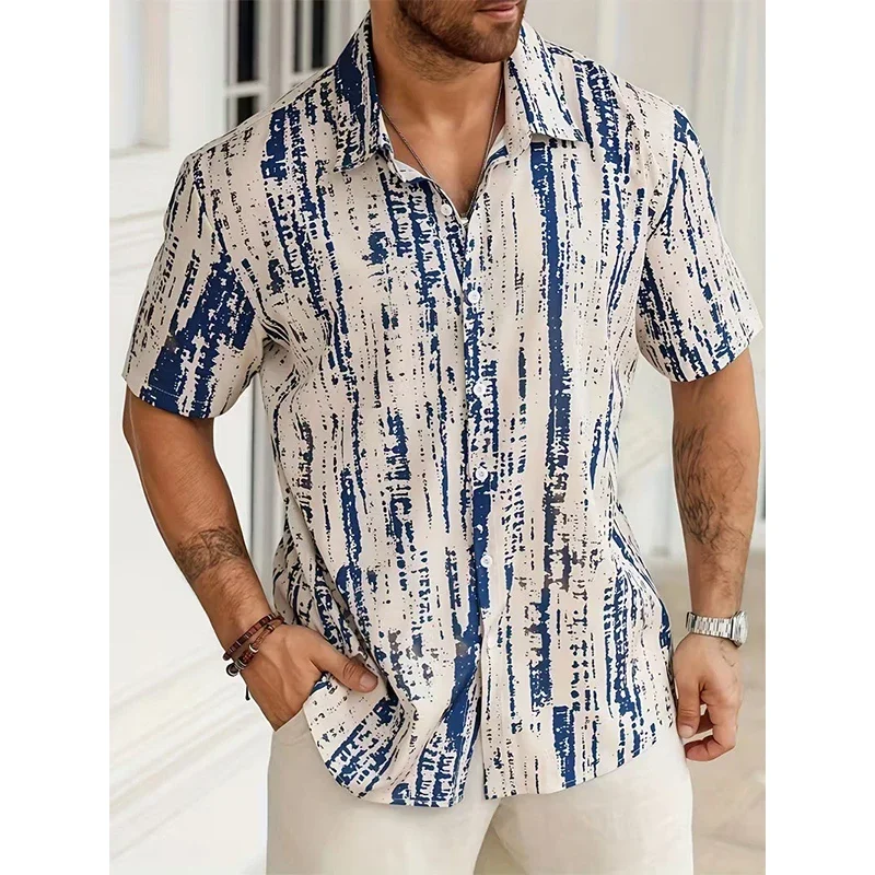 

3D Hong Kong Style Short Sleeved Shirt for Men European and American Street Striped Shirt Fashionable Vacation Style