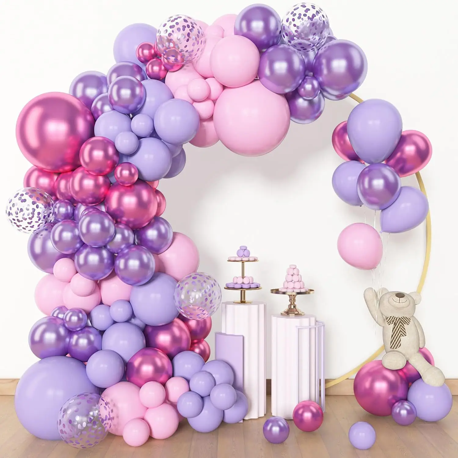 130 Stück wunderschöner rosa lila Ballonbogen – metallische magentafarbene Latexballons, Girlandendekoration für Brautpartys, Jahrestag, Party – Detail 4