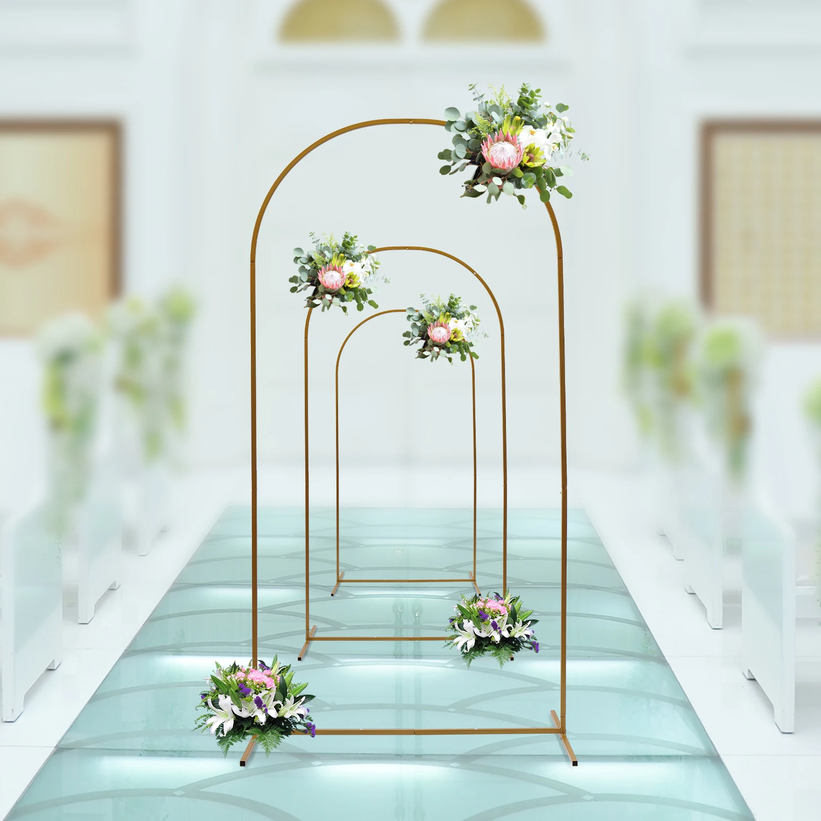 7.2FT*6.6FT*5.9FT White/Gold Metal Arch Backdrop Stand,Set of 3 Upgrade   Wedding Balloon Arched Backdrop Stand