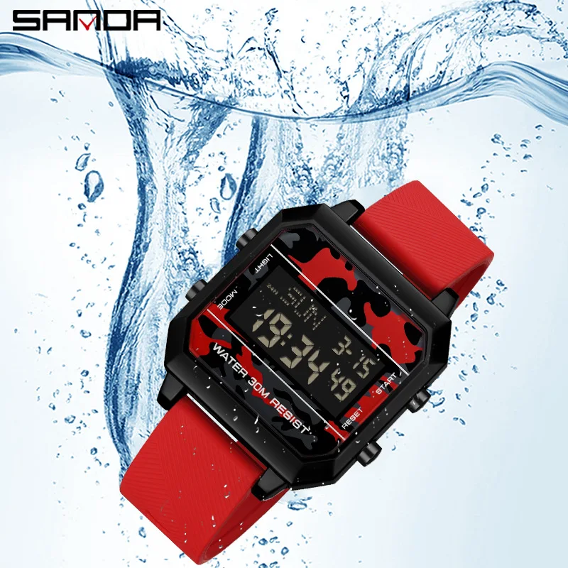 ساعة إلكترونية مربعة للرجال ، شاشة رقمية ، حزام سيليكون ، إبداعي ، خارجي ، مموّه ، مضيء ، ترفيهي ، من SANDA-Men