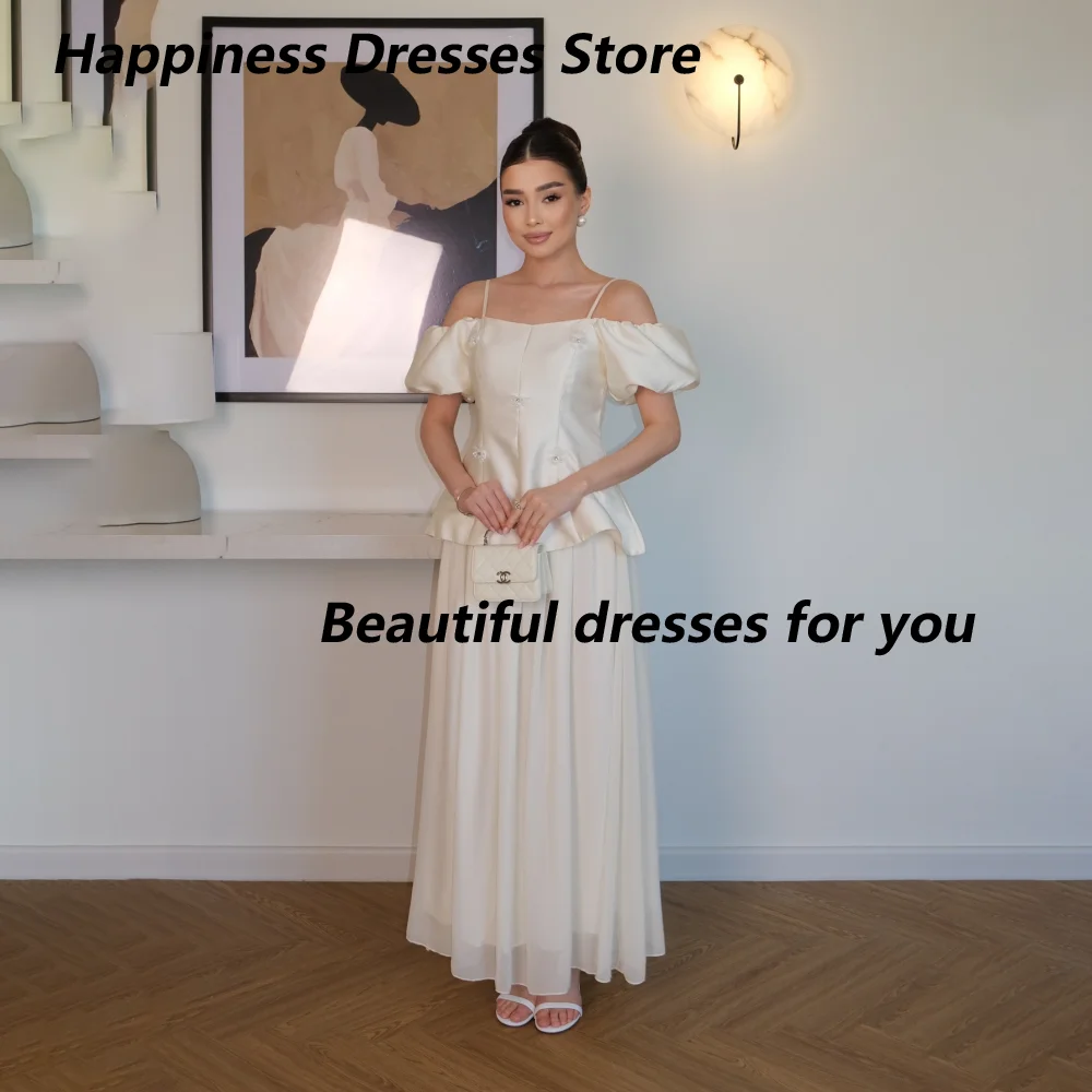 Customized Ivory Spaghetti Strap Off Shoulder Mother Of The Bride Gown  2 Piece Floral Beaded Peplum A Line Guest Gown