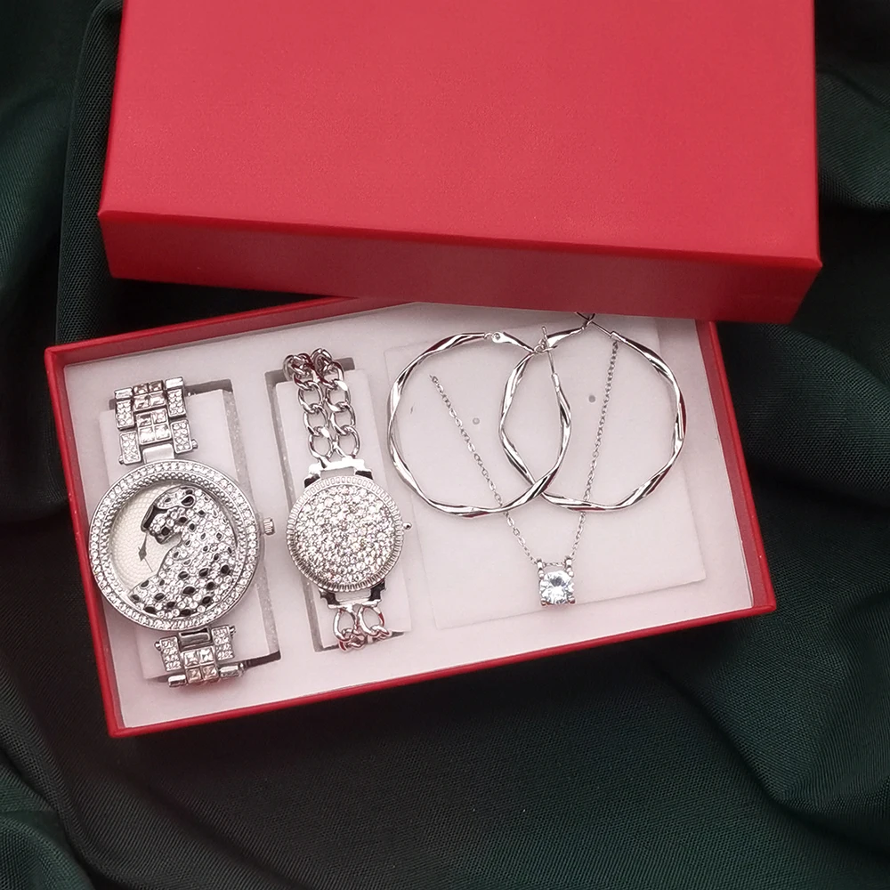 Conjunto de joyería de 4 piezas para mujer, reloj de pulsera de lujo, relojes de cuarzo con diamantes de cristal, con caja