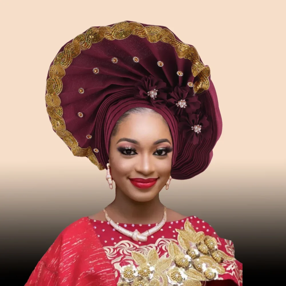 New High Quality 3D Nigerian Wedding Women Auto Gele Turban Already Made To Hand Folding Fan Laminated African Headtie Cap Party