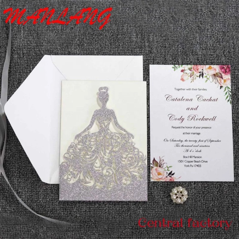 Custom  Custom Glitter Laser Cut Luxury Bride Wedding Invitations with Ribbon and Envelopes Greeting Card Set