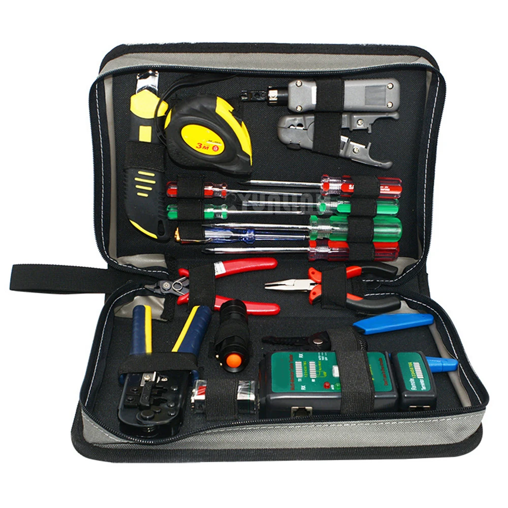 18pcs set Network Cabling Kit Canvas tool bag Network Toolkit Suite Tool combination set, Tape measure, wire stripper, test pen