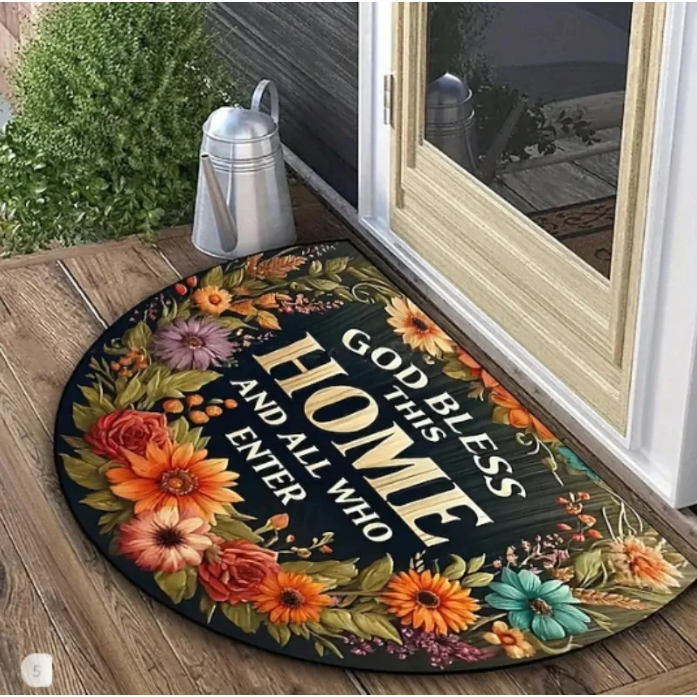Sunflower Welcome Floral Country Garden Half Round Carpet Mat Rug Home Decoration Entryway Door Bright Cheerful Non Slip