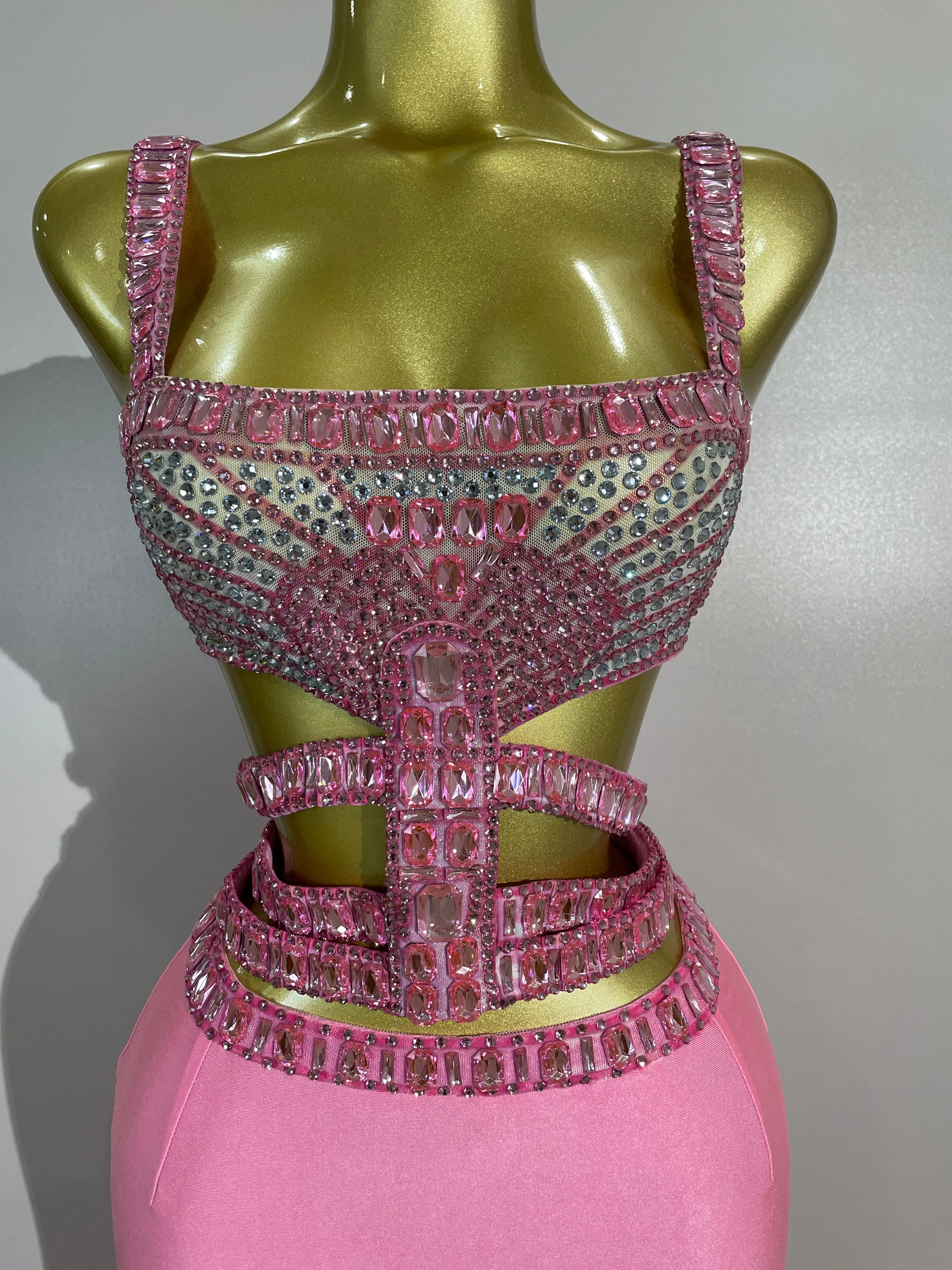 Luxury Sparkly Rhinestone Pink Sexy Sleeveless Long Dress Two Pieces Set Birthday Evening Party Nightclub Party Club Stage Wear - view 5
