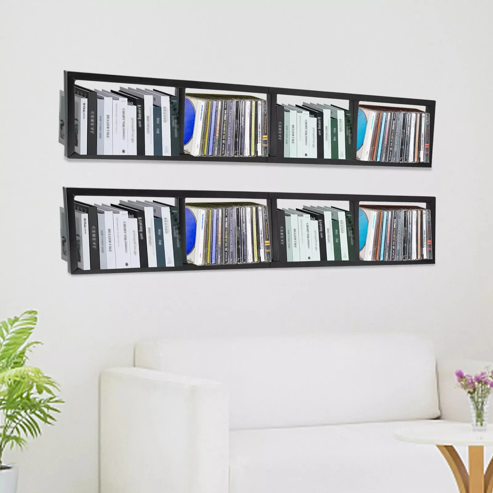 

Large 34 Inch Wall-Mount CD Organizer – Metal Media Storage Rack with 2 Floating Shelves
