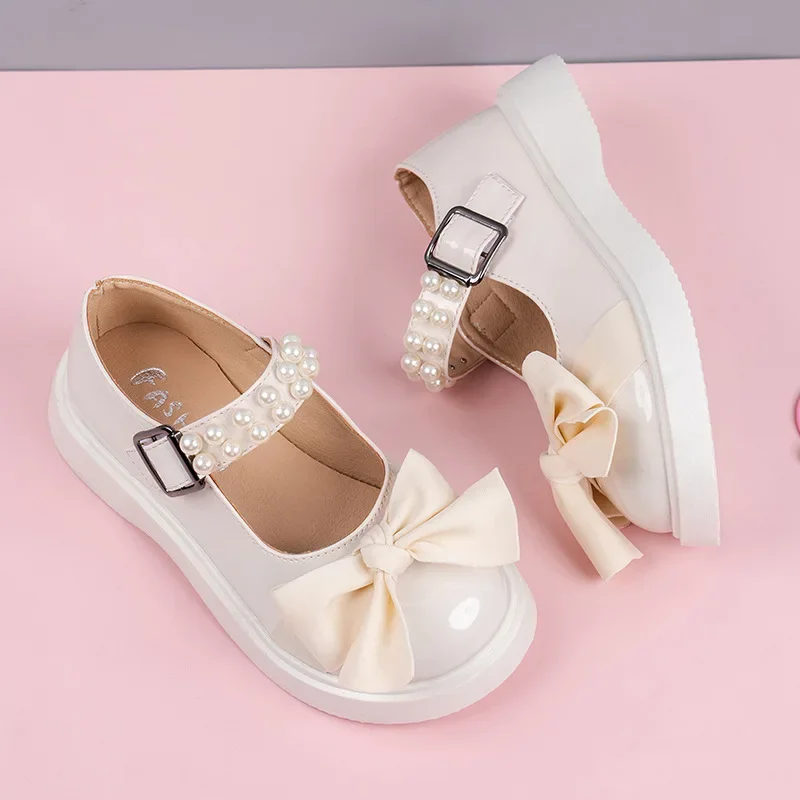 Children Princess Shoes Lolita Toddlers Pearl Bow Single Shoes Fashion Girl Leather Shoes Glossy Kids Mary Jane Shoes for Party