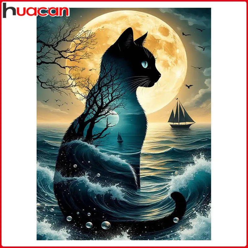 

HUACAN Cat Shadow Diamond Painting 5D DIY Night Moon Full Square Round Diamond Mosaic New Arrivals 2025 Picture Of Rhinestones