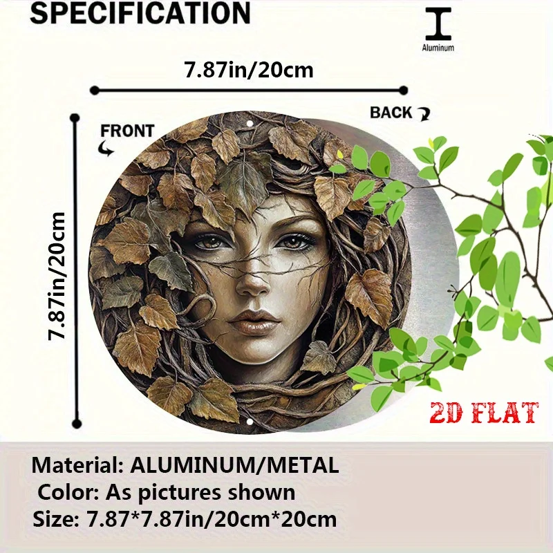2D Flat Circular Retro Wooden Plaque Nature Green Lady Face Wrapped with Dry Branches Leaves Mystical Forest Style Hanging Wall