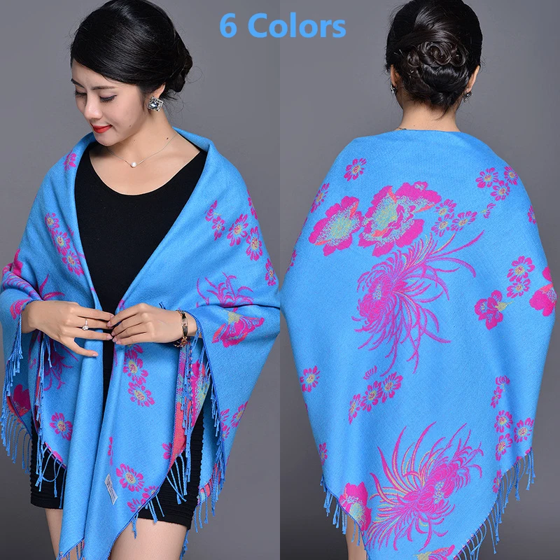 

6 Colors Chrysanthemum Jacquard Mom’s Outwear Warm Ponchos National Large Square Women Scarves Lady Cashmere Windproof Wraps