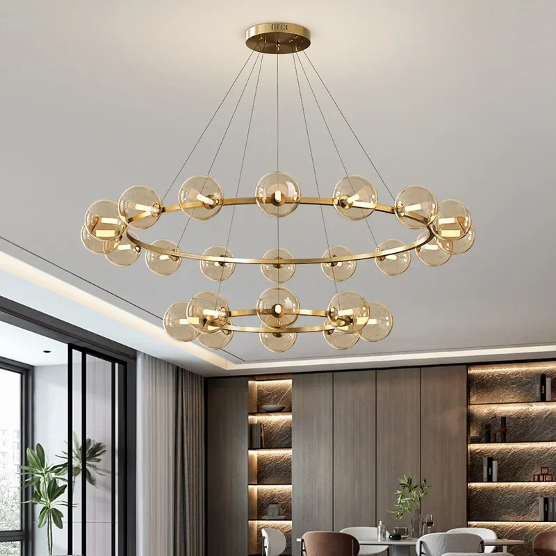 

SANDYHA Modern Glass Ball Pendant Light Circular Ring Hanging Chandelier for Living Room Bedroom Dining Table Lighting Decor