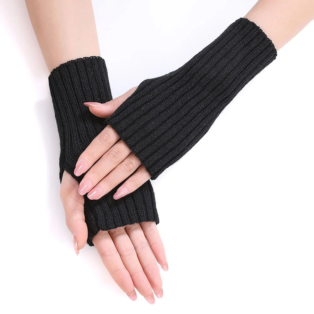 Women Half Finger Gloves Winter Knitted Arm Sleeves Fingerless Mittens Solid Color Soft Gloves Students Touch Screen Gloves