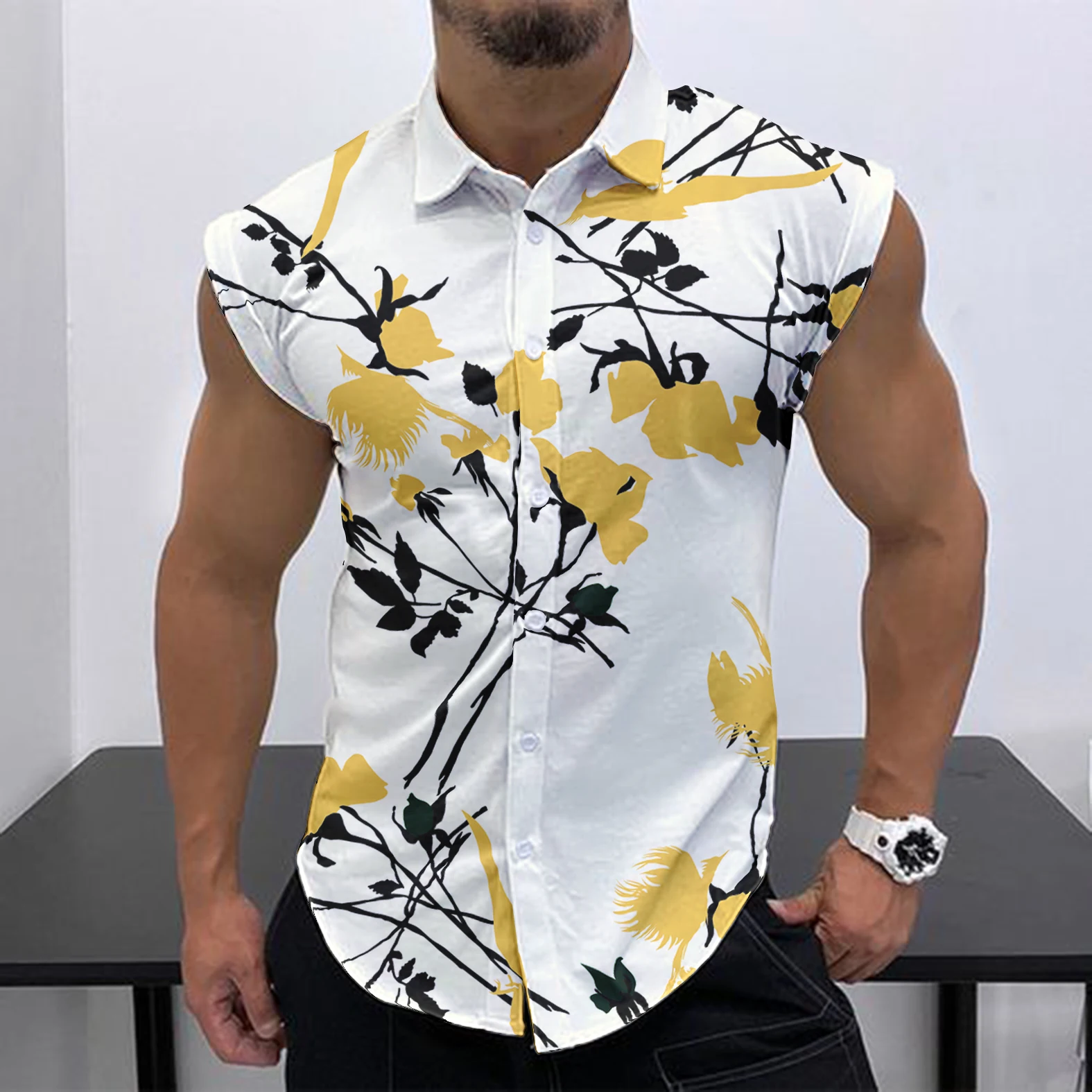 2023 Summer New Men\'s Sleeveless Shirt Fashion Trend HD 3D Printing Street Leisure Beach Holiday Party Button Quick Drying Shirt