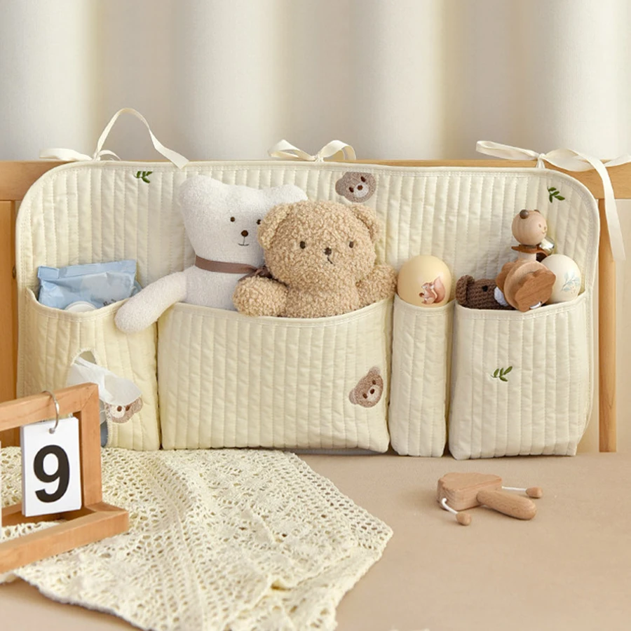 

Quilted Cotton Baby Crib Organizer Bedside Hanging Storage Bag with Multi Pockets for Diapers Toys Nursery Stroller